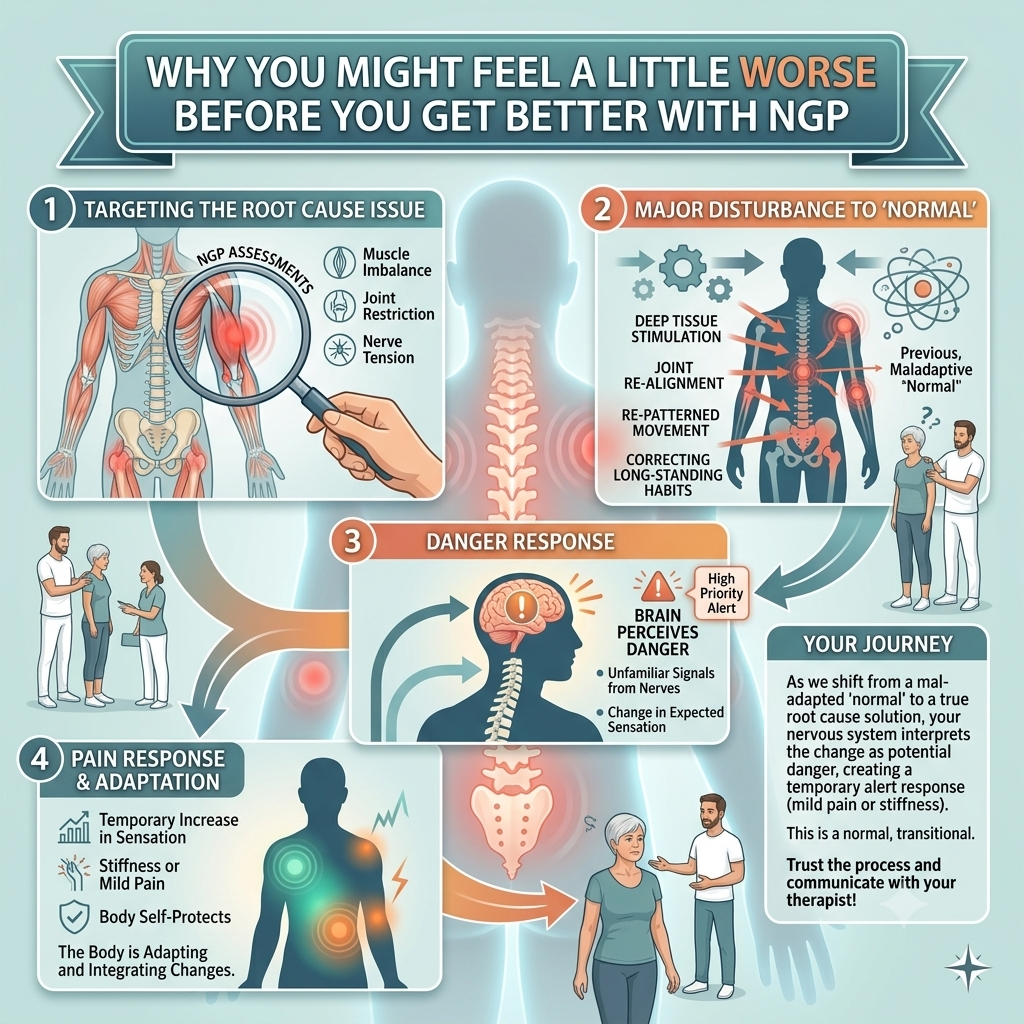 Why Might You Feel a Little Worse Before You Feel Better? Our body adapts to new movements and the underlying cause of your pain is addressed